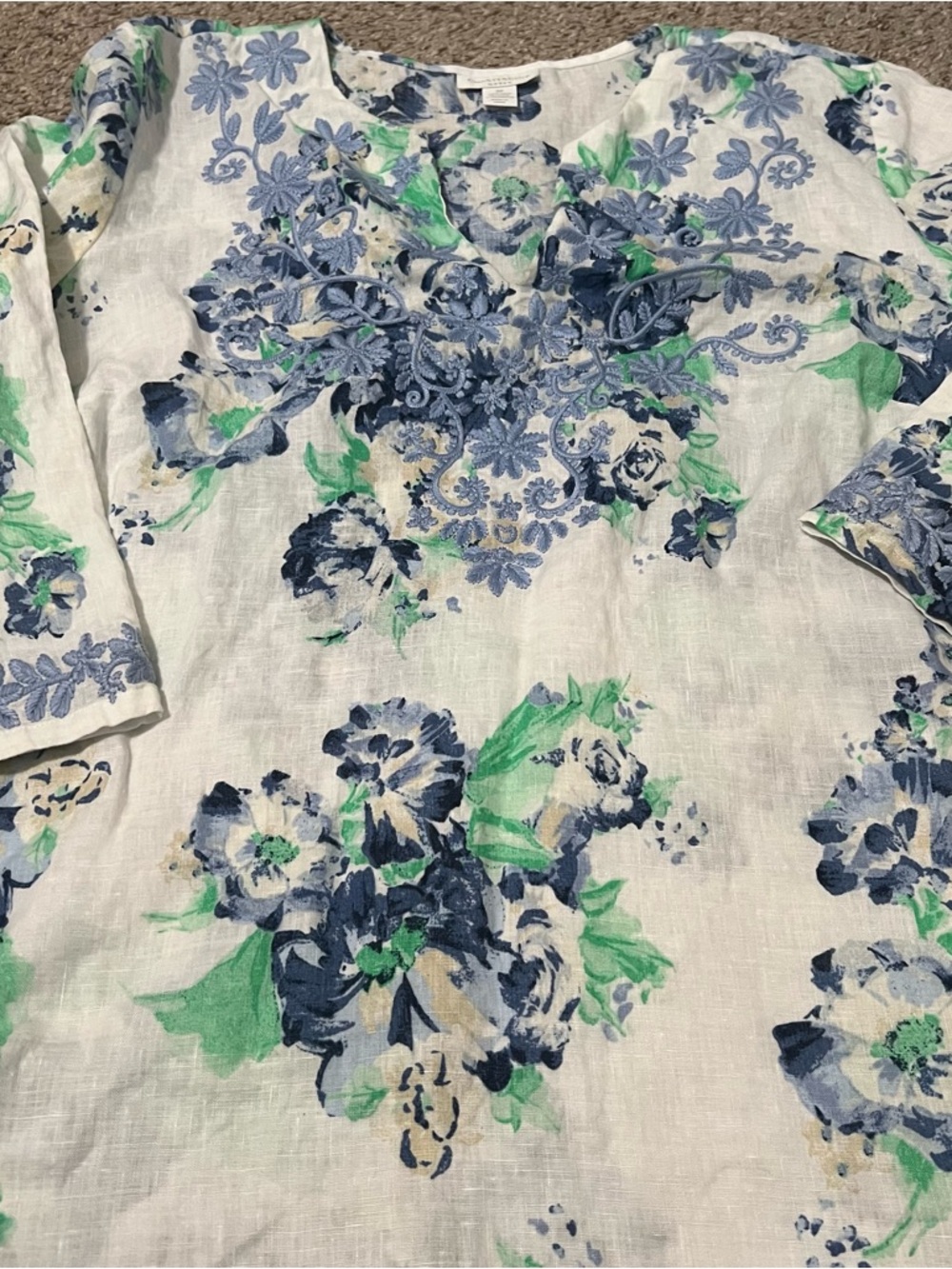 Charter Club 100% Linen 3x Floral Top in Blue & Green Wash